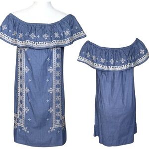 NWT Joy Joy Boho Off Shoulder Chambray Mini Dress Western Embroidery